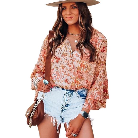 Azura Exchange  Orange Floral Print Ruffled Bell Sleeve V Neck Bodysuit - Picture 4 of 5